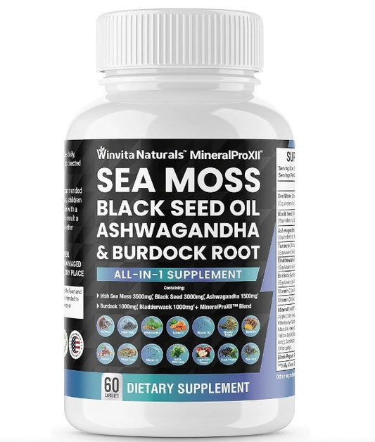 Suplemento Sea Moss Black Seed Oil Ashwagandha & Burdock Root Supplement 100% Natural