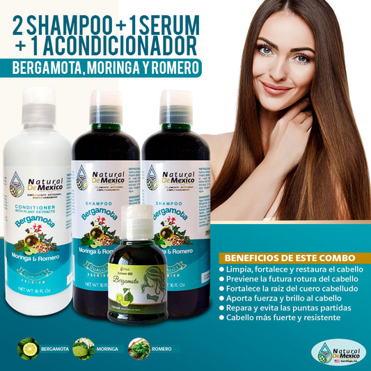 Bergamota moringa y Romero 2 Shampoo 1 Acondicionador y 1 Serum