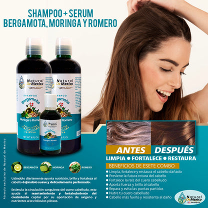 2 Shampoo de Bergamota Moringa y Romero + 1 Serum