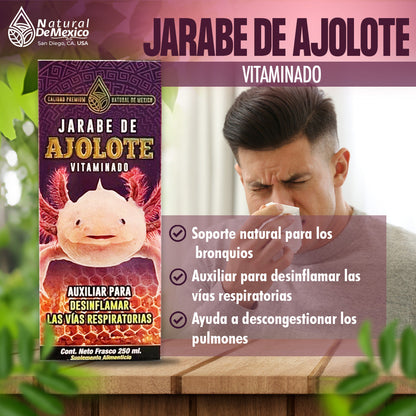 Jarabe de Ajolote Vitaminado 250ml Ayuda a Desinflamar Vías Respiratorias Soporte Bronquios