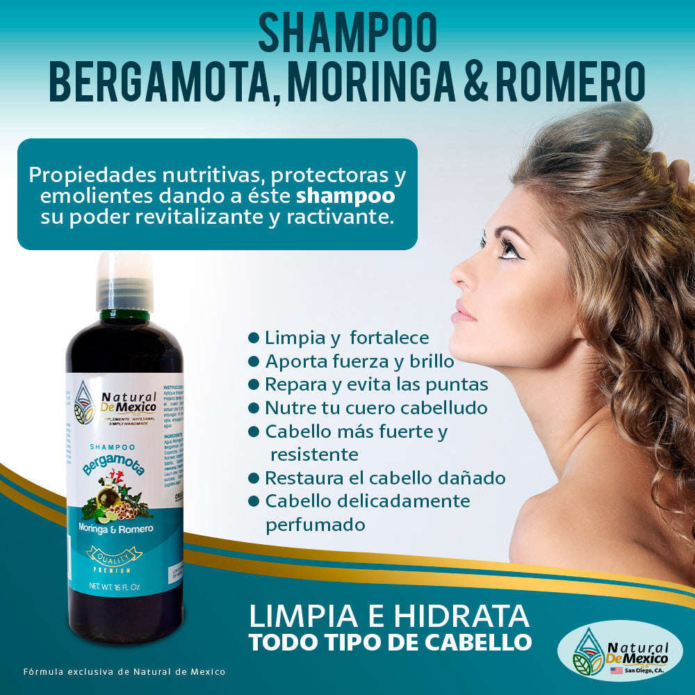 Shampoo de Bergamota Moringa y Romero Pack 2 + 1 Serum Oil